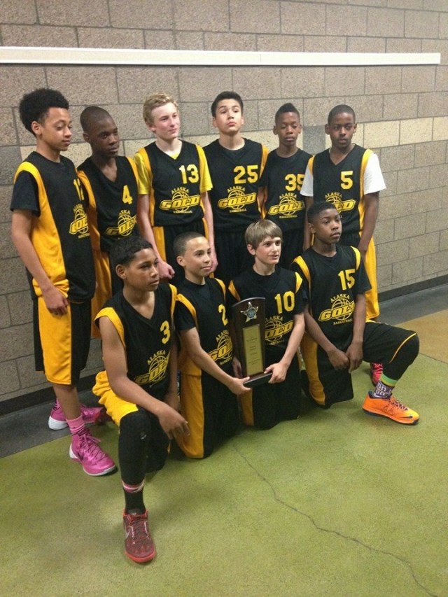 2014 Northwest Championship Tournament Champions - 2019 AK Gold - Back (l-r):  Kaeleb Johnson, D'ontae Stuppard, Griffin Effenberger, Bryce Muller, Jaron Williams, Deondrick McCright; Front (l-r): Daishen Nix, Isaiah Moses, Braun Ohlson, DiQues Esaw